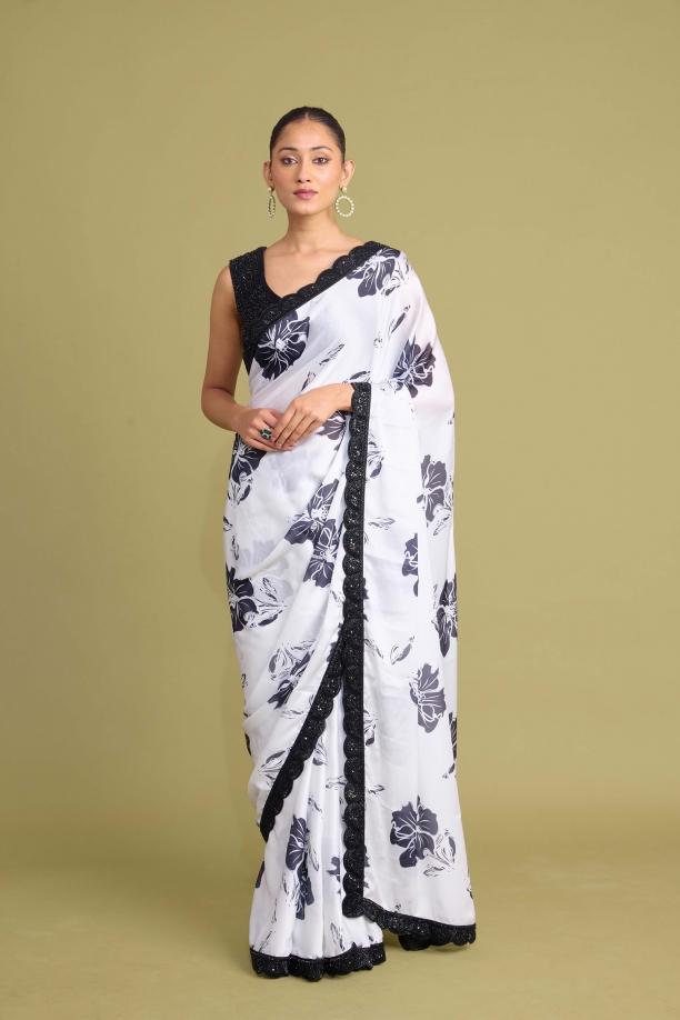 Ivory-White Satin Saree