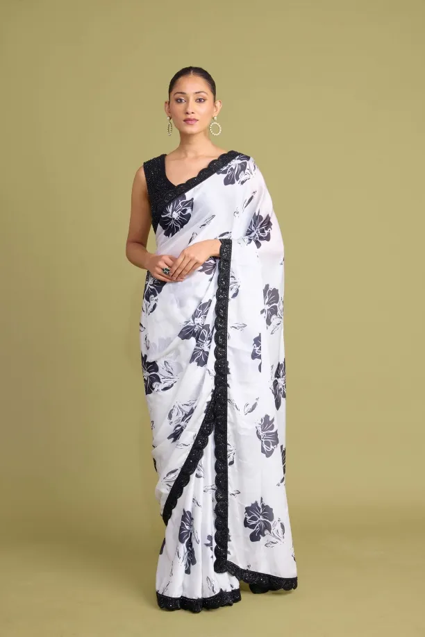 Ivory-White Satin Saree