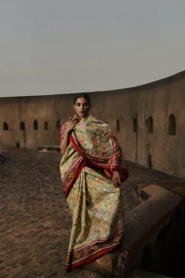 Olive Banarasi Kora Saree