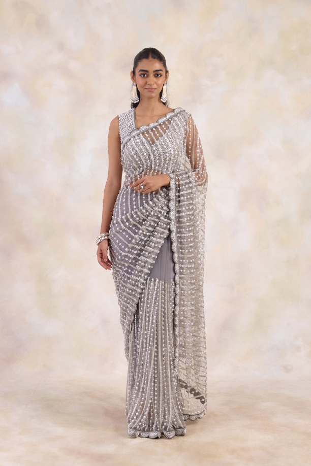 Ash Mauve Embroidered Net Saree 