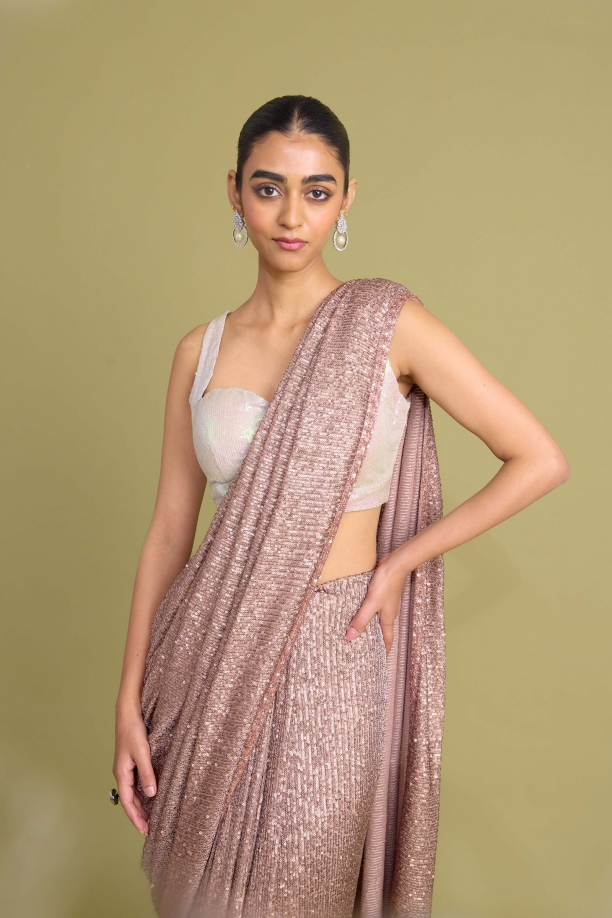 Peachy Beige Lycra Net Saree