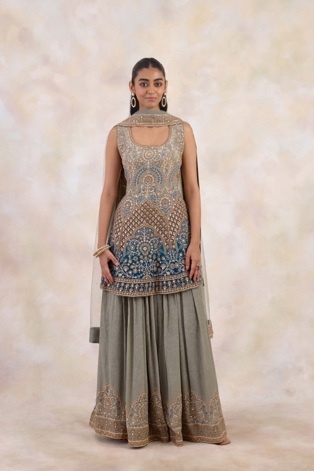 Dark Teal Crepe Sharara Set 