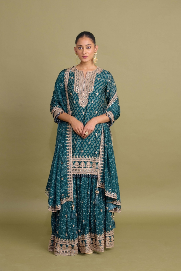 Teal Grey Sharara Set 