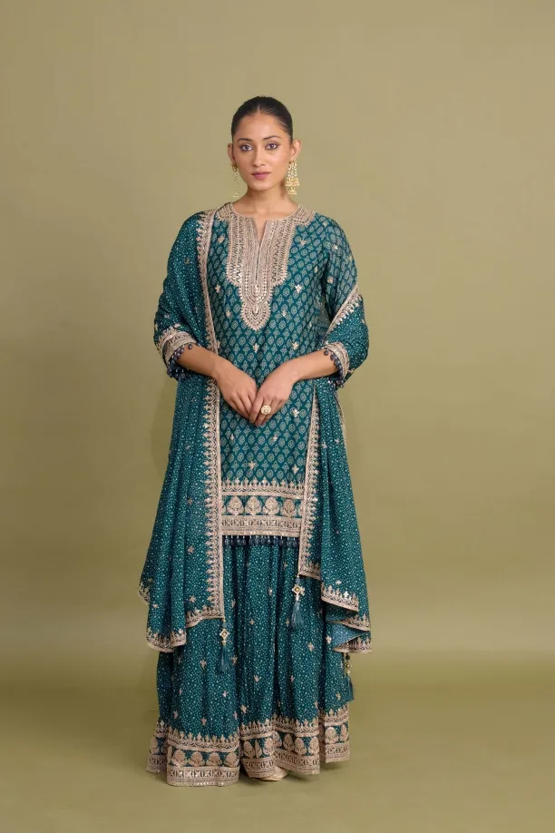 Teal Grey Sharara Set 