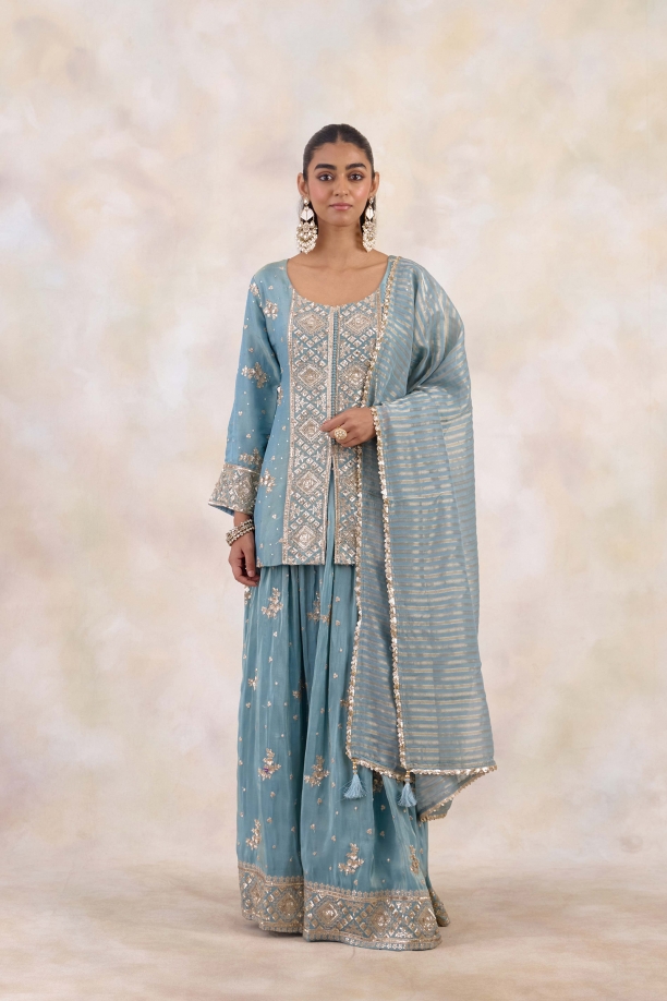 Dusty Ocean Tissue Lehenga Set 
