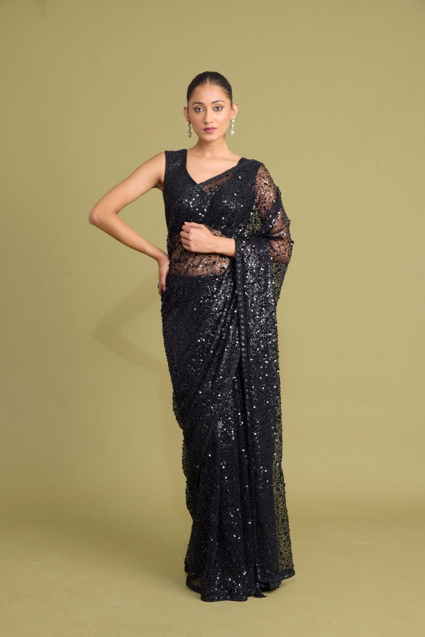 Pure Black Net Saree 