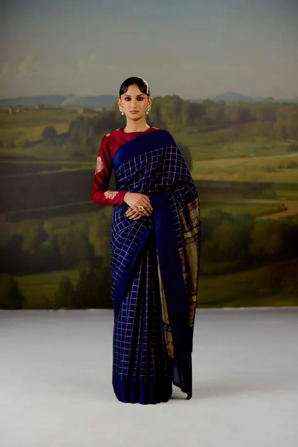 Navy Blue Mysore Crepe Saree
