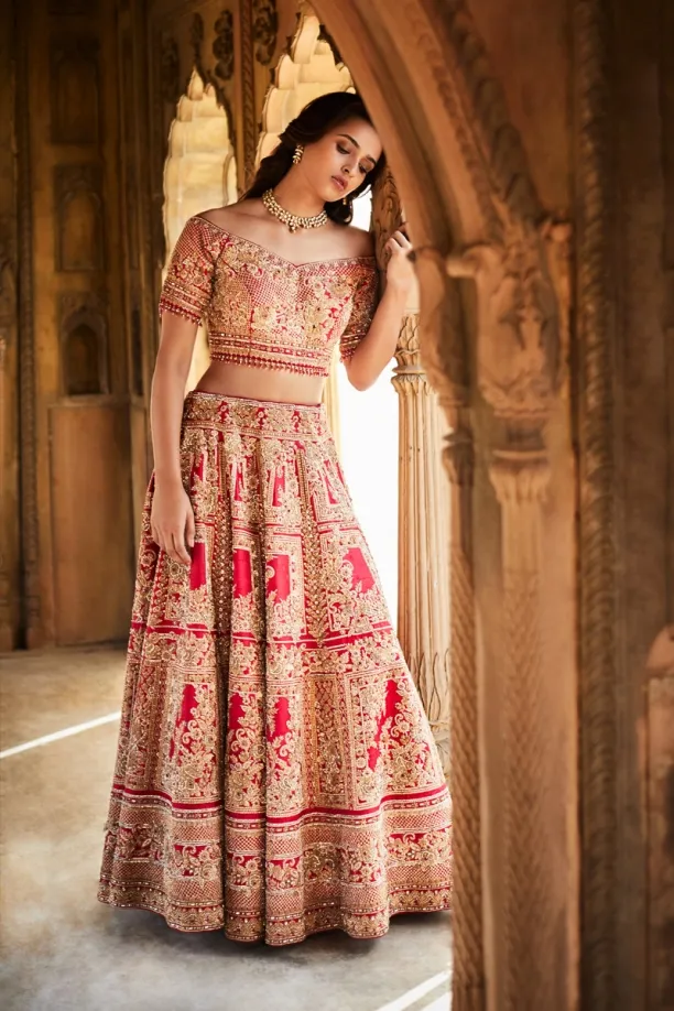 Coral Embroidered Bridal Lehenga