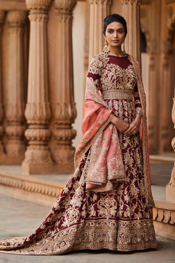 Wine Embroidered Trail Gown