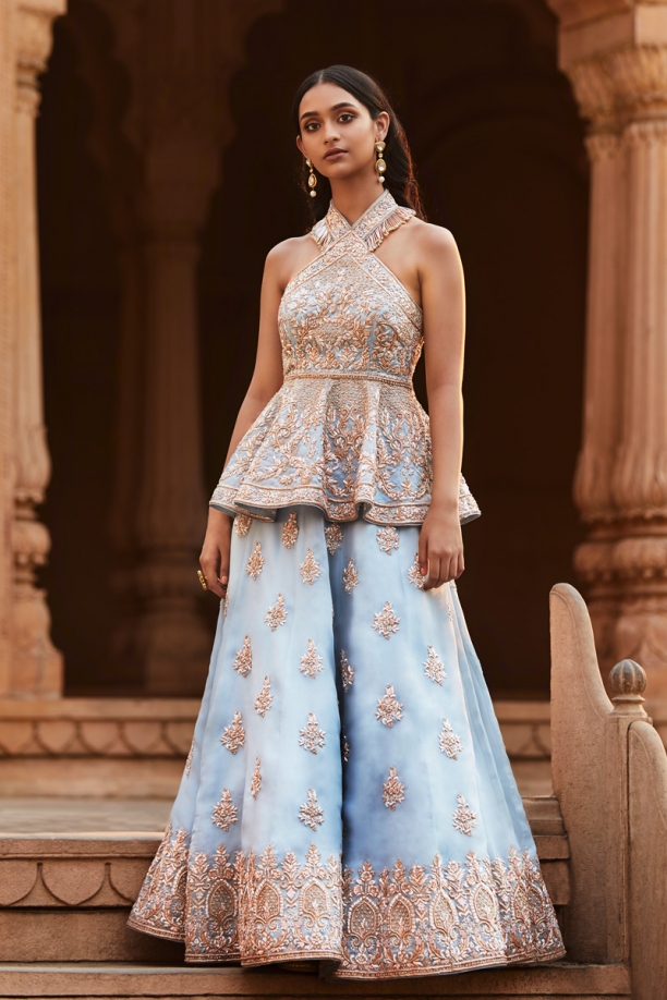 Powder Blue Peplum Style Lehenga Set