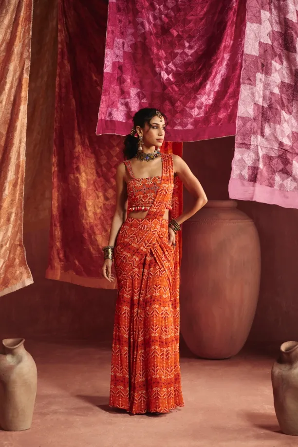 Tangerine Georgette Drape Saree