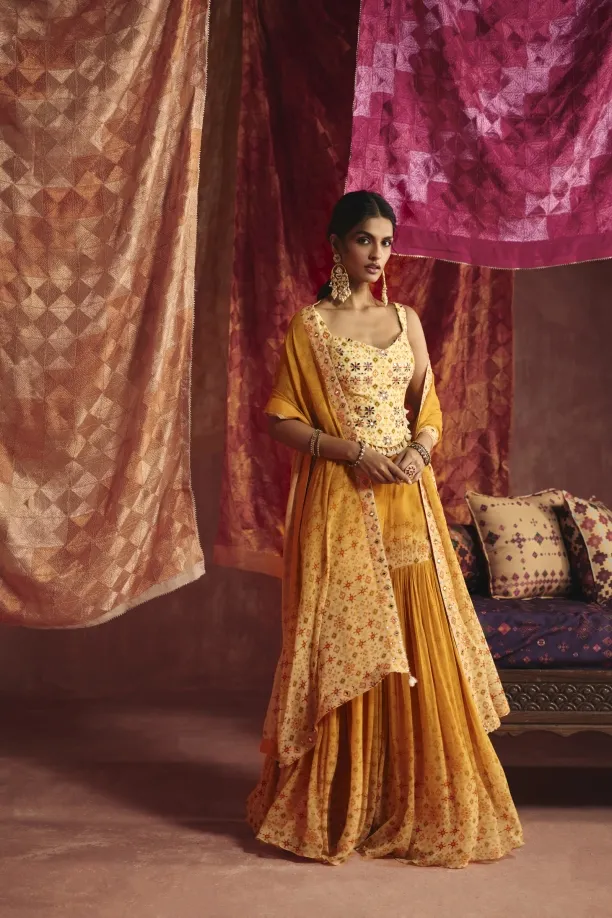 Mustard And Ivory Georgette Garara Set