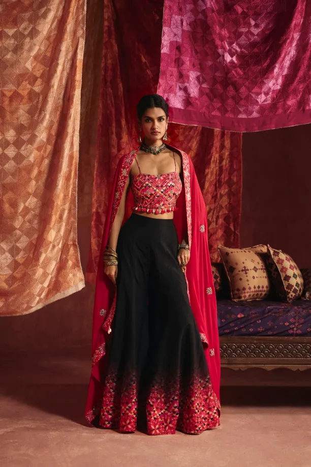 Rani Pink And Black Silk Sharara Set Rani Pink And Black Silk Sharara Set