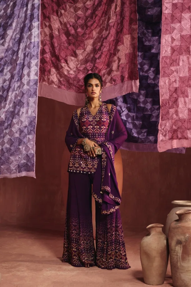 Dark Violet Georgette Sharara Set Dark Violet Georgette Sharara Set