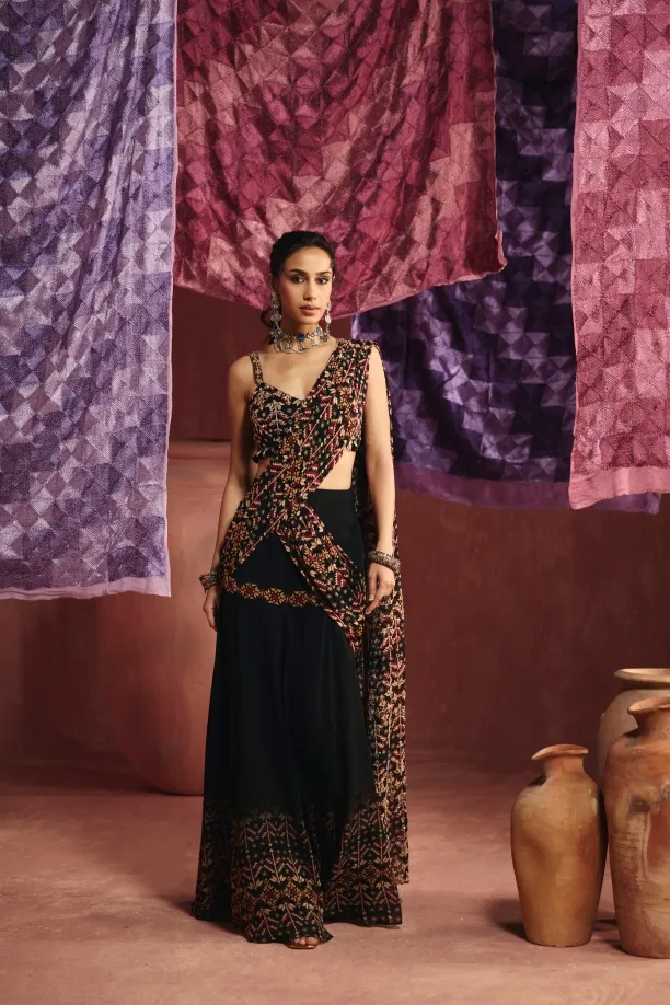 Black Drape Georgette Saree