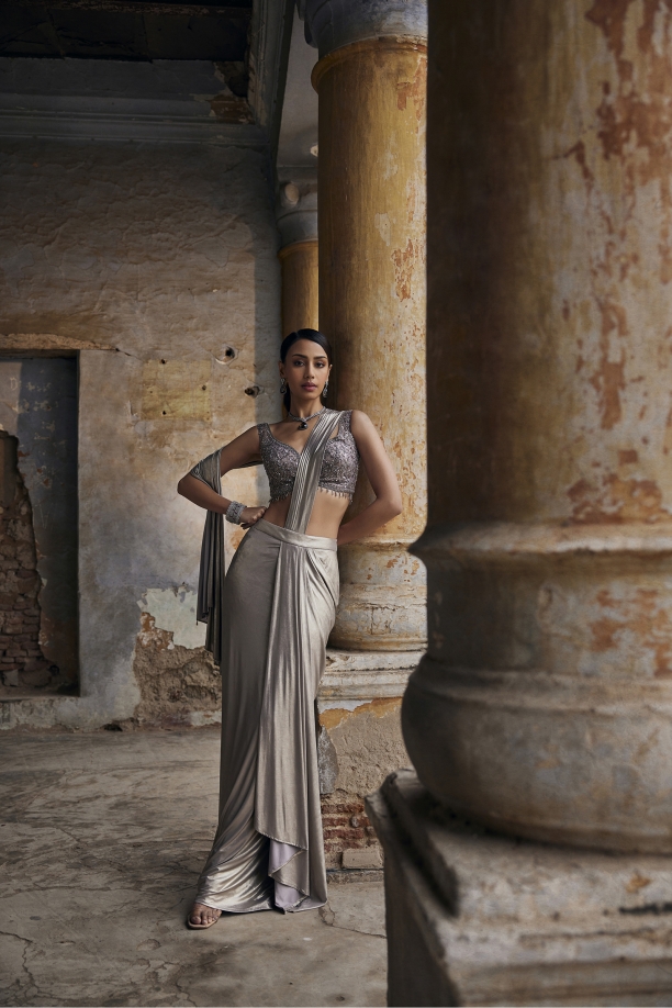 Silver White Net Drape Saree