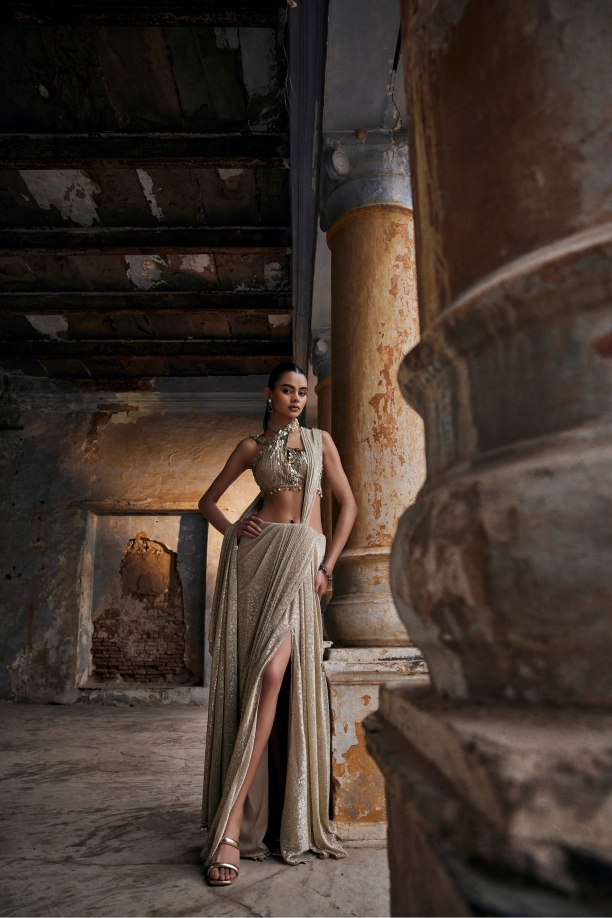 Champagne Gold Slit Net Drape Saree