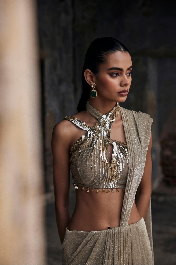 Champagne Gold Slit Net Drape Saree