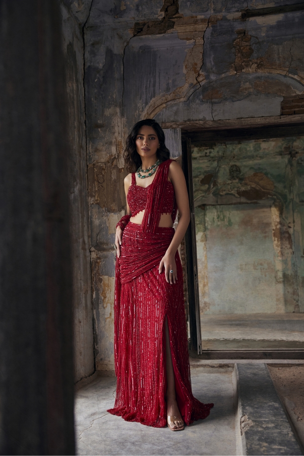 Carmine Red Net Drape Saree