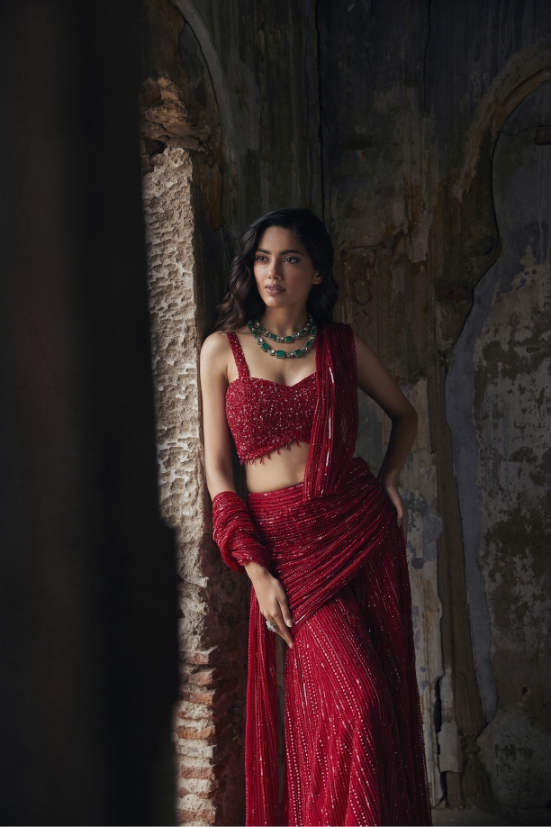 Carmine Red Net Drape Saree