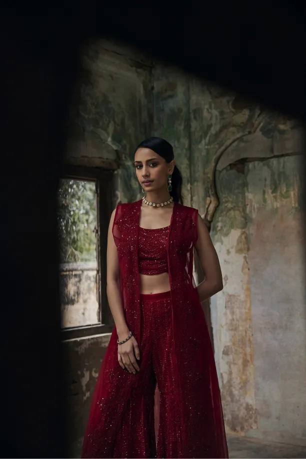Cherry Red Net Co-ord Set