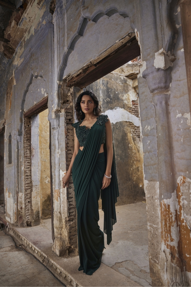 Bottle Green Net Drape Saree