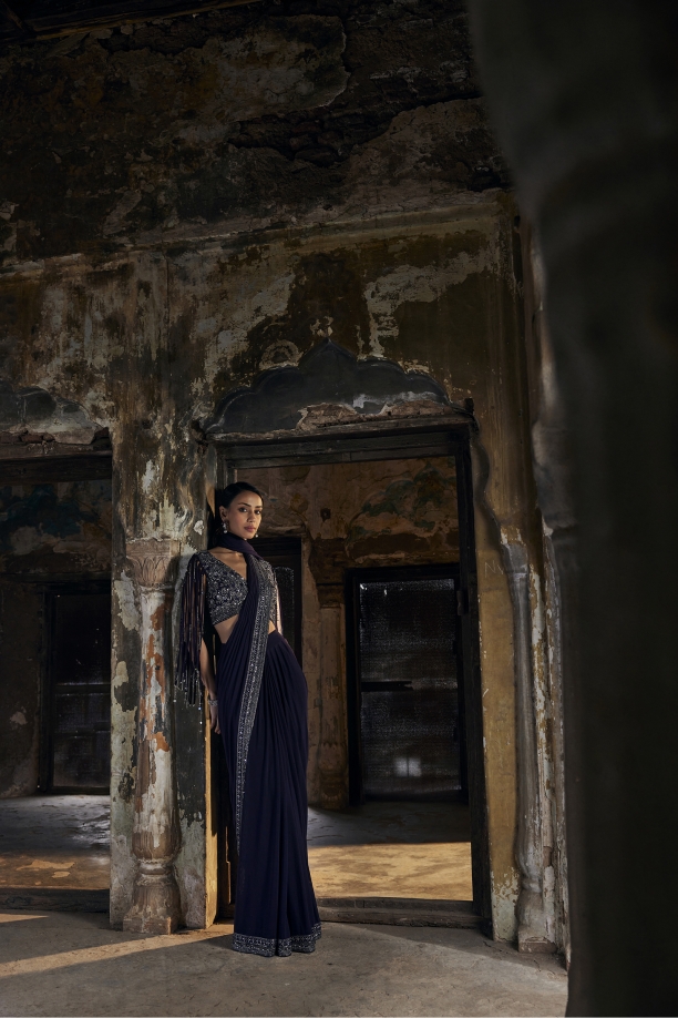 Midnight Blue Net Drape Saree