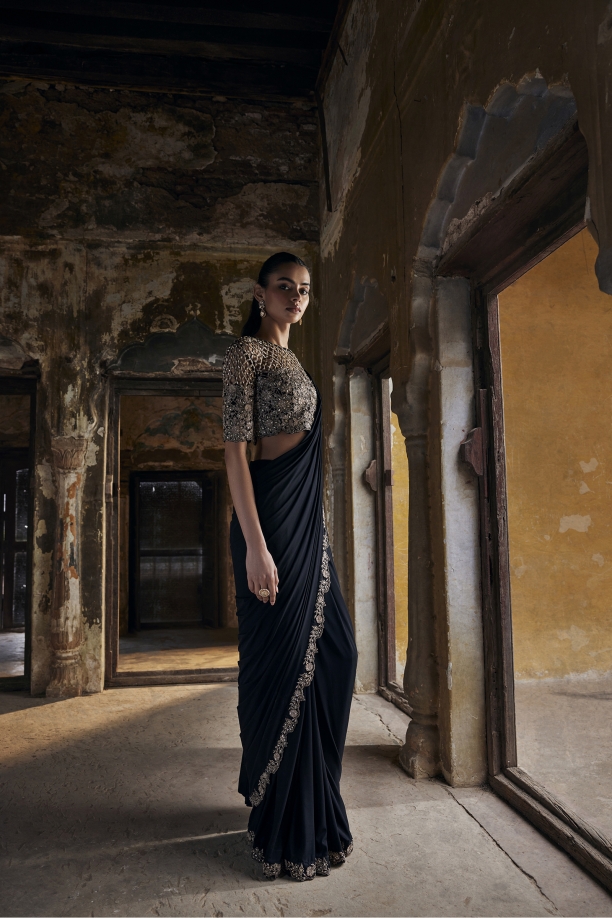 Pure Black Net Drape Saree