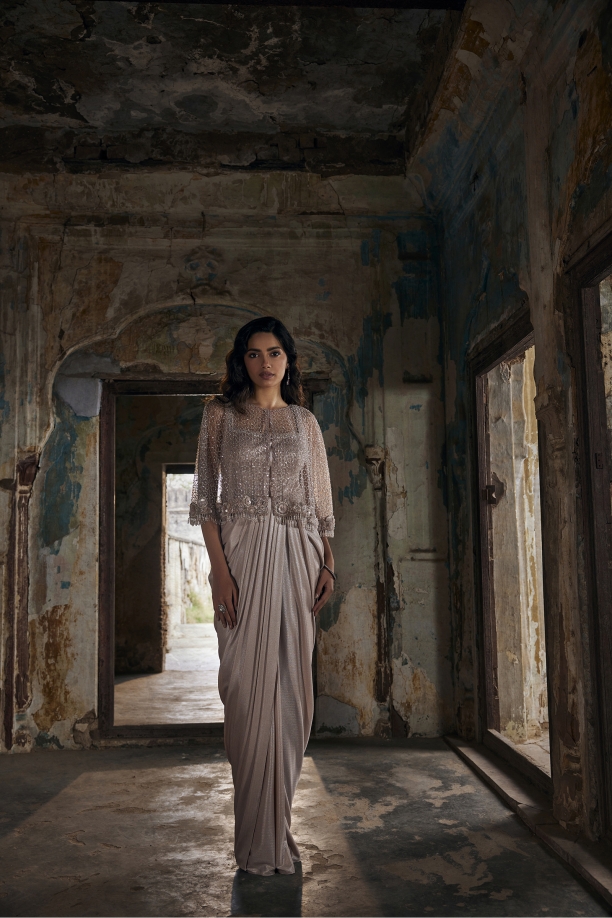 Champagne Gold Net Draped Gown