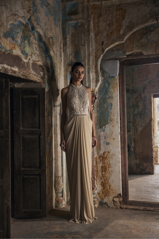 Beige Draped Net Gown