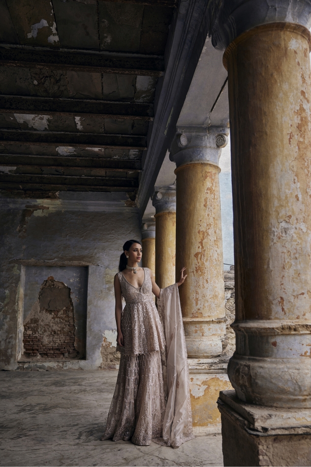 Taupe Tissue Sharara Set
