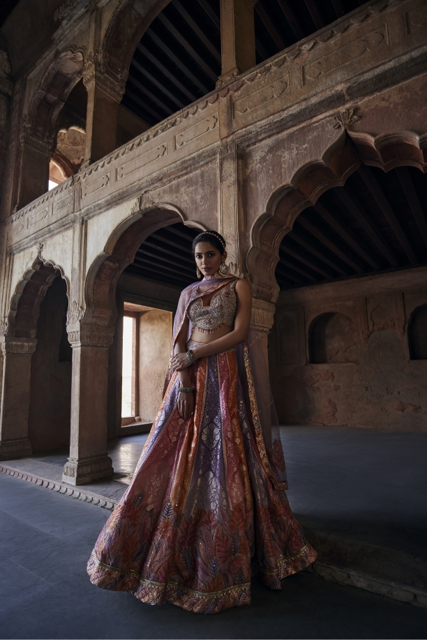 Multicolour Faded Silk Lehenga Set
