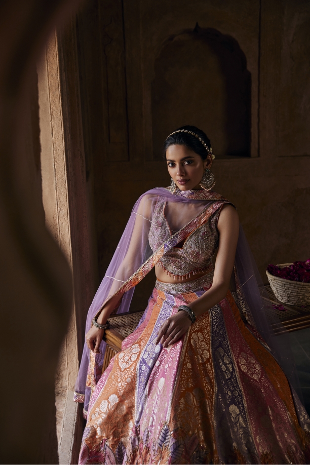 Multicolour Faded Silk Lehenga Set