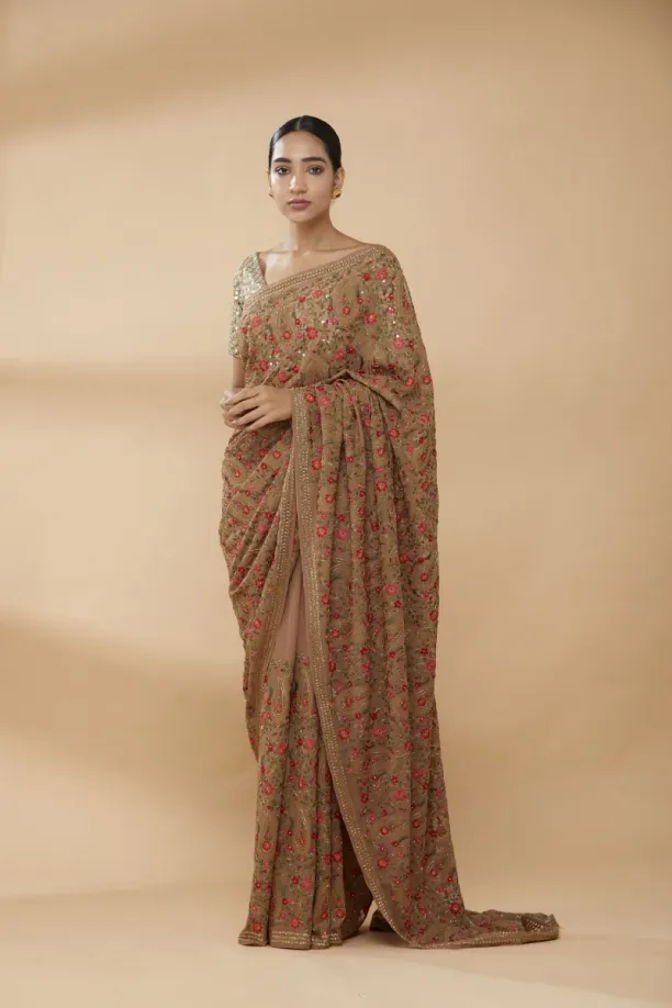Ochre Brown Embroidered Saree