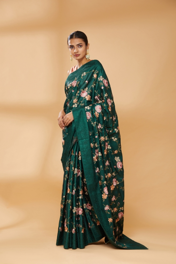 Bottle Green Embroidered Saree