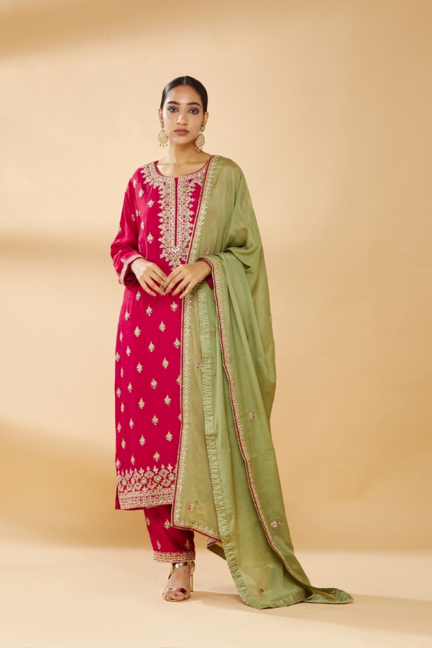 Fuschia Pink & Pista Green Embroidered Suit