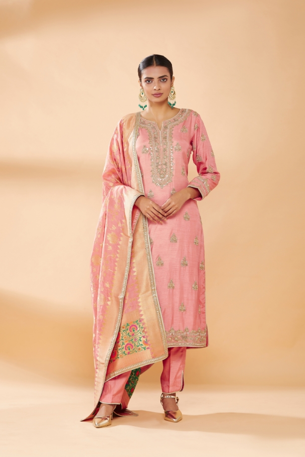 Peachish Pink Embroidered Straight Suit
