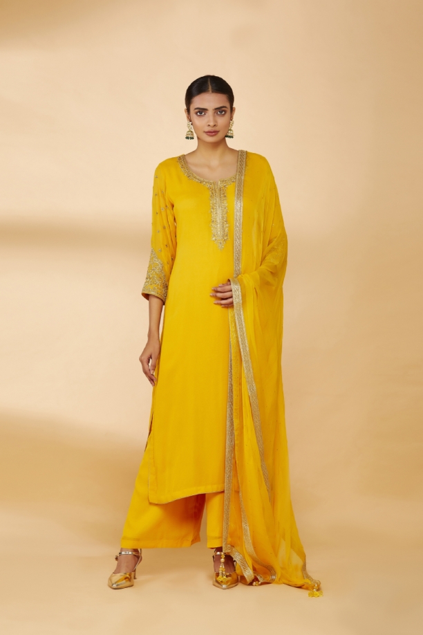 Bright Yellow Embroidered Plazzo Suit