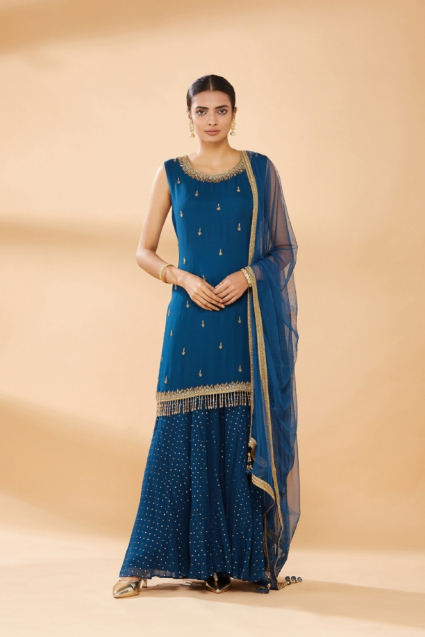 Yale Blue Embroidered Sharara Suit
