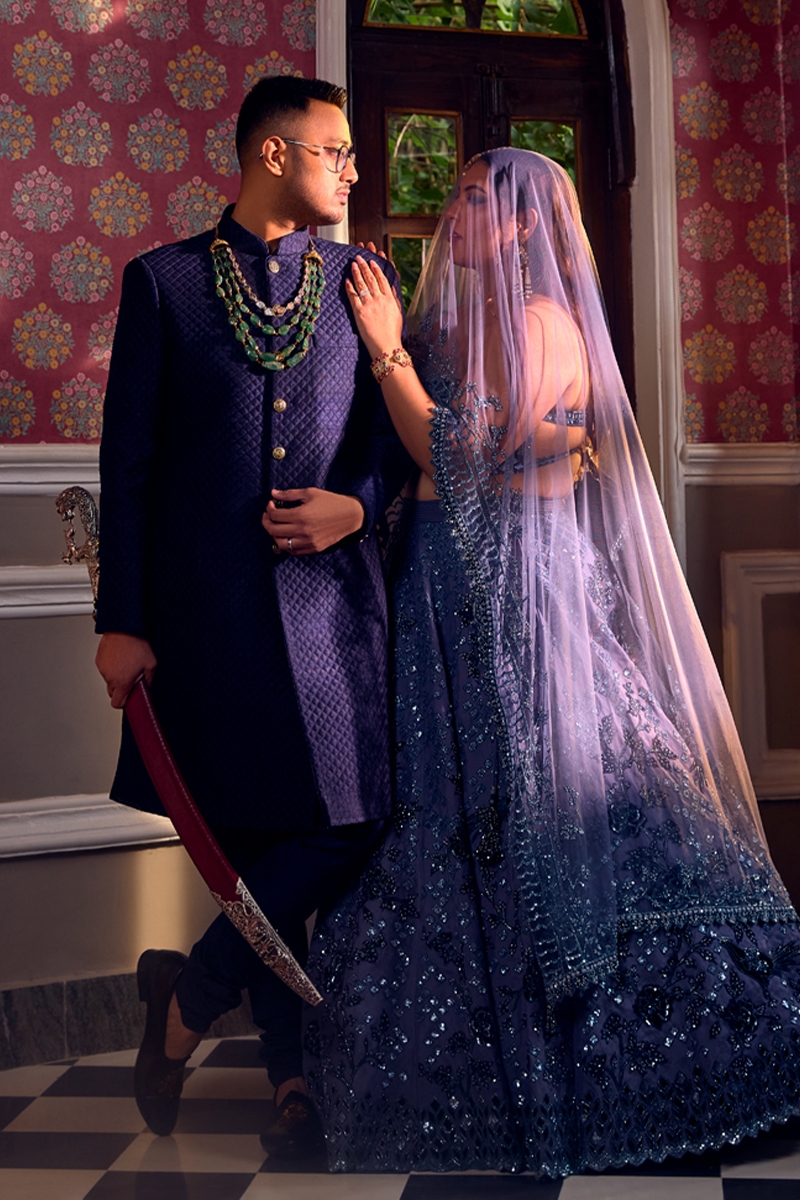 Navy Blue silk Sherwani set- Frontier Raas