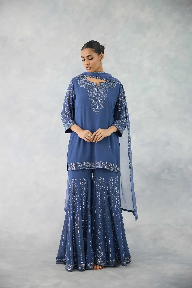 dark blue sharara dress Navy Blue Georgette Sharara Suit With Embroidered Kurta And Dupatta