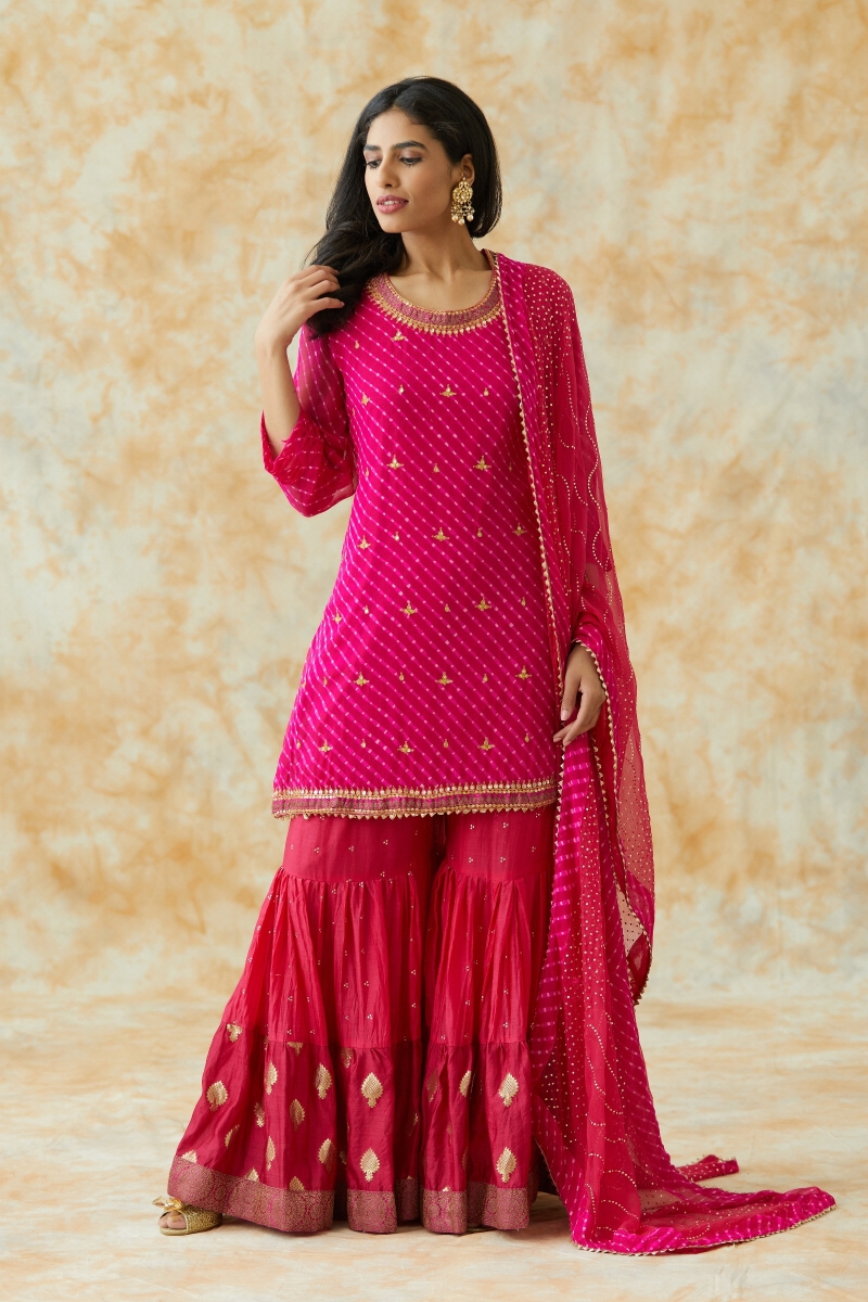 Dark Pink Round Neck Sleeveless And Embroidered Party Wear Georgette Sharara  Suit For Ladies at Best Price in Bhopal | Sweet Threads