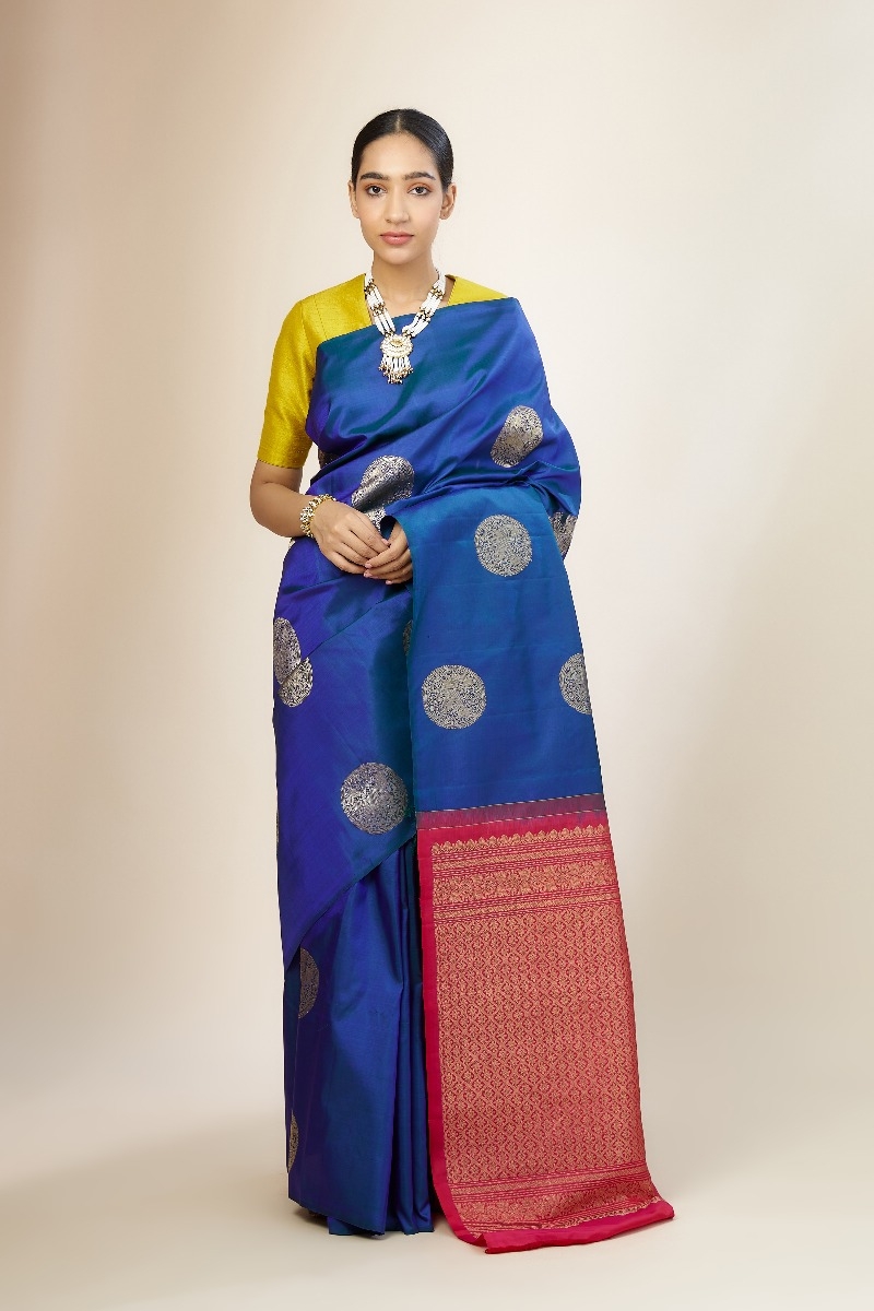 Buy Electric Blue Kanjivaram Silk Saree For Women Online