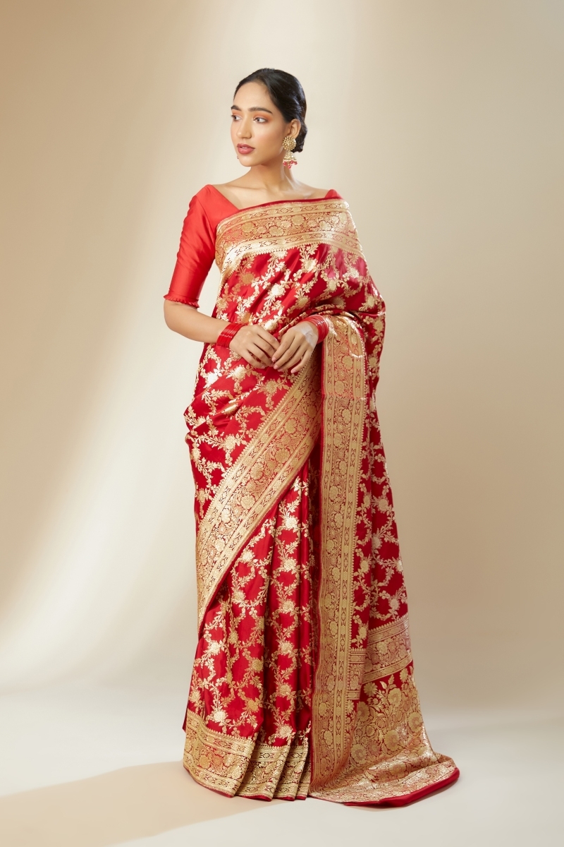 Buy Red Banarasi Satin Silk Saree For Women Online | Frontier Raas
