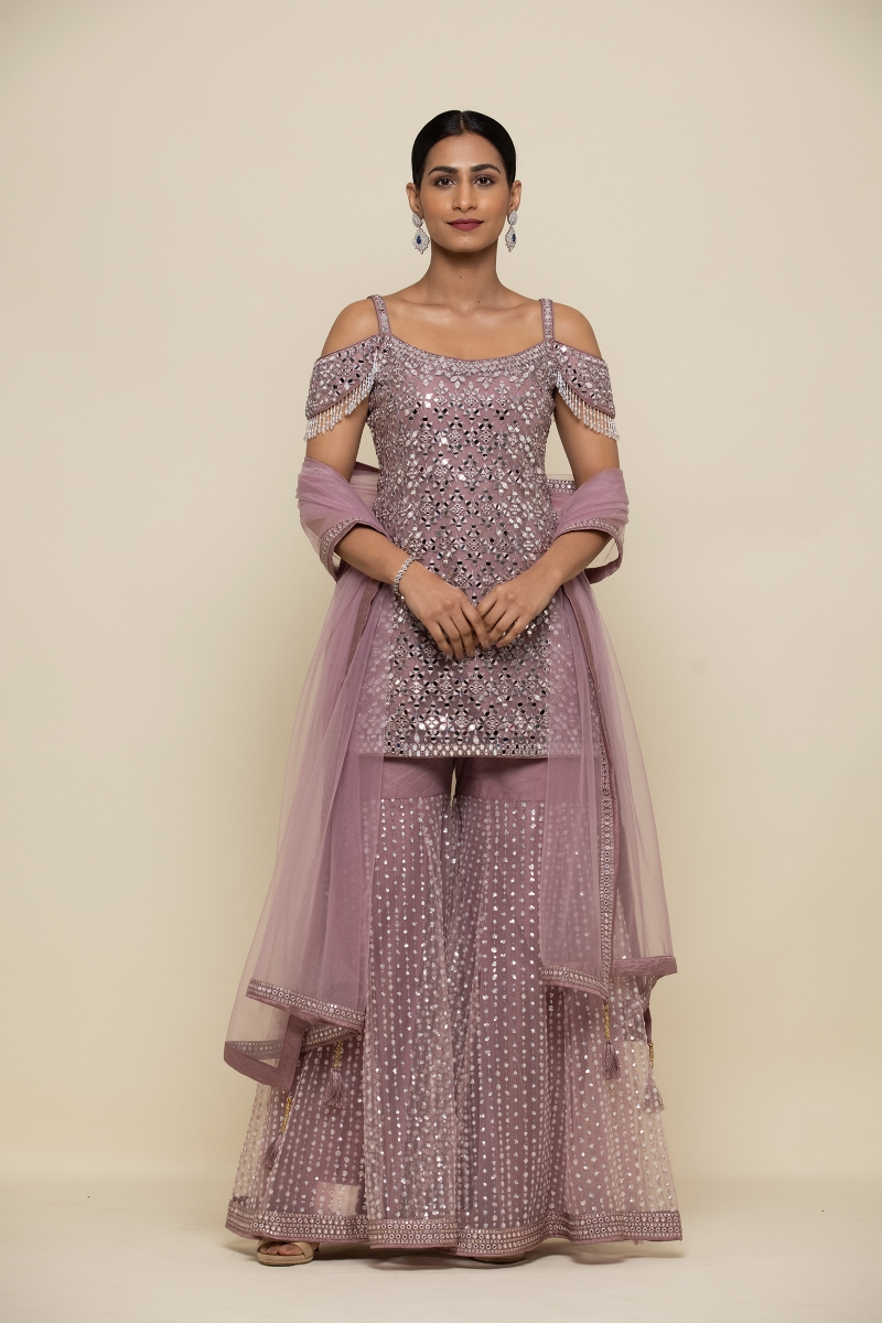 Lilac Mirror Embedded Garara Suit Frontier Raas