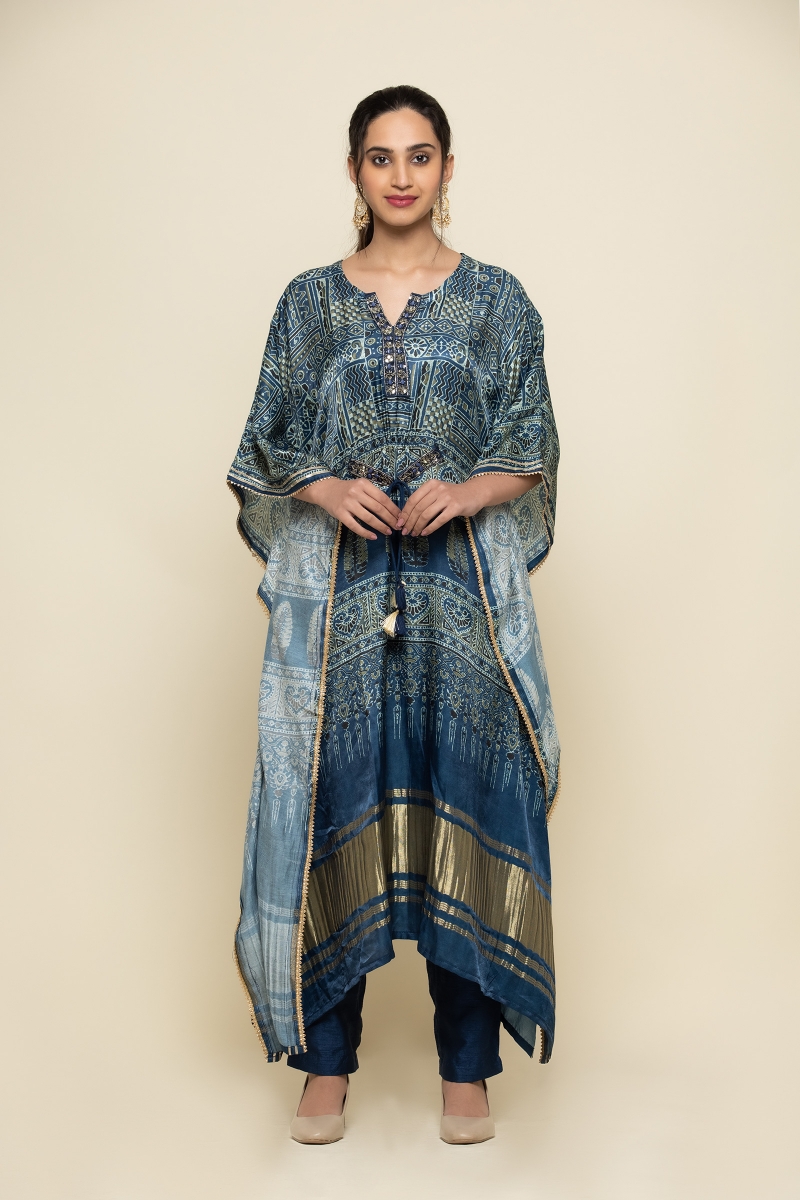 Cobalt Blue Ajrakh Kaftan- frontier Raas