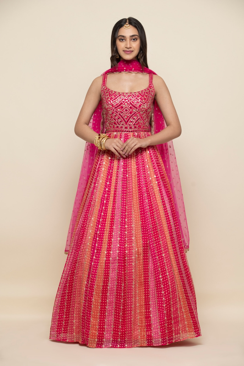 Buy Silk Bandhani Gown with Front Open Jacket Online