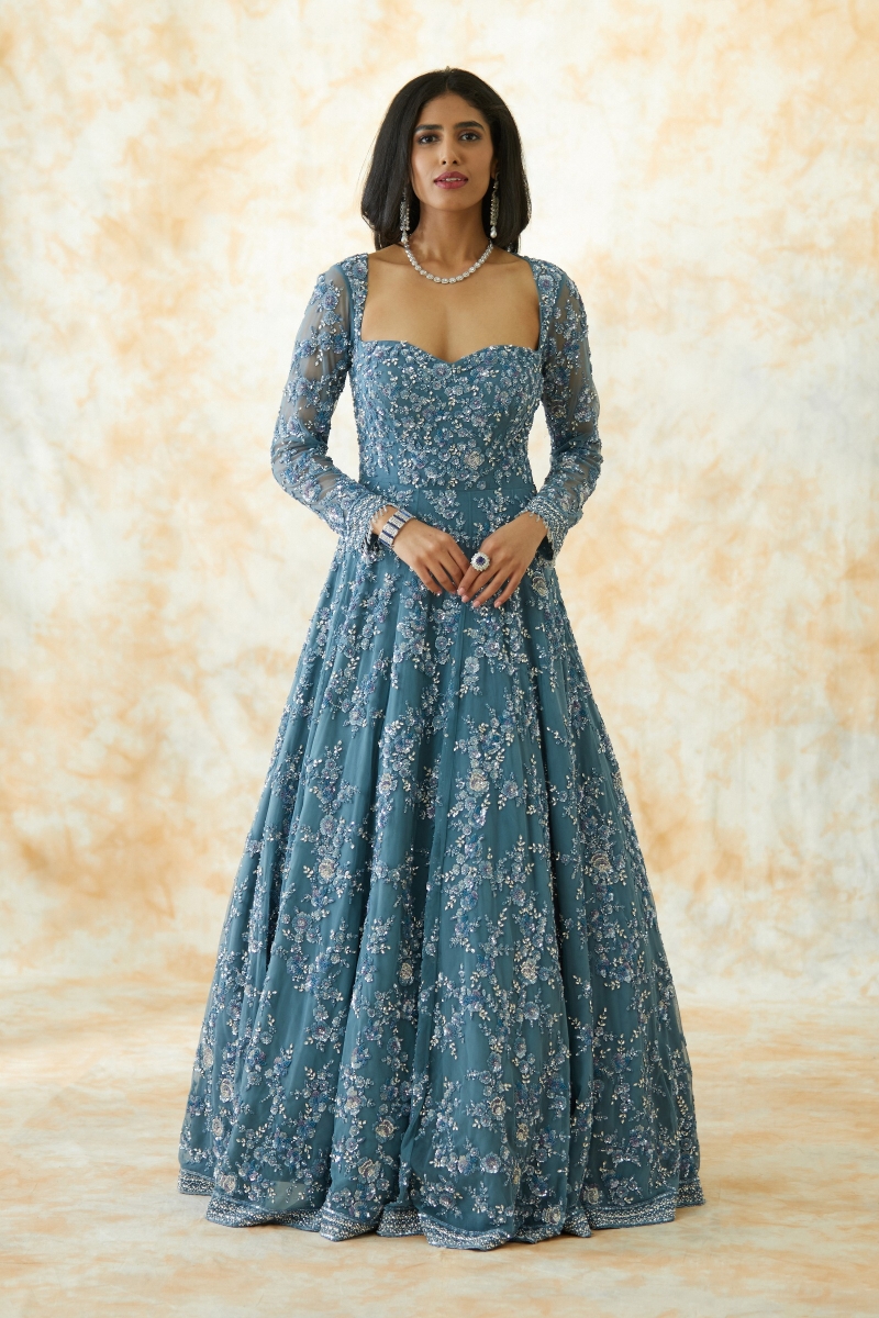 Blue Long Sleeve Organza Evening Gown - District 5 Boutique
