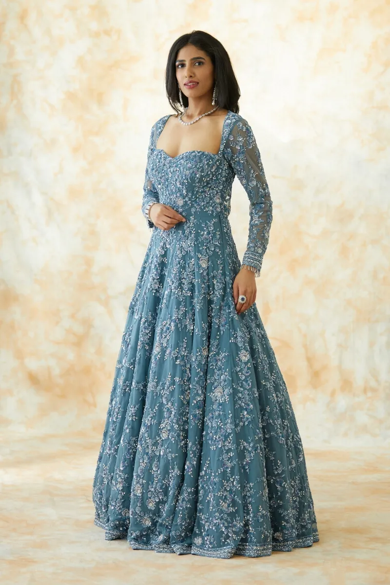 Buy Dusty Blue Embroidered Net Gown For Women Online Frontierraas