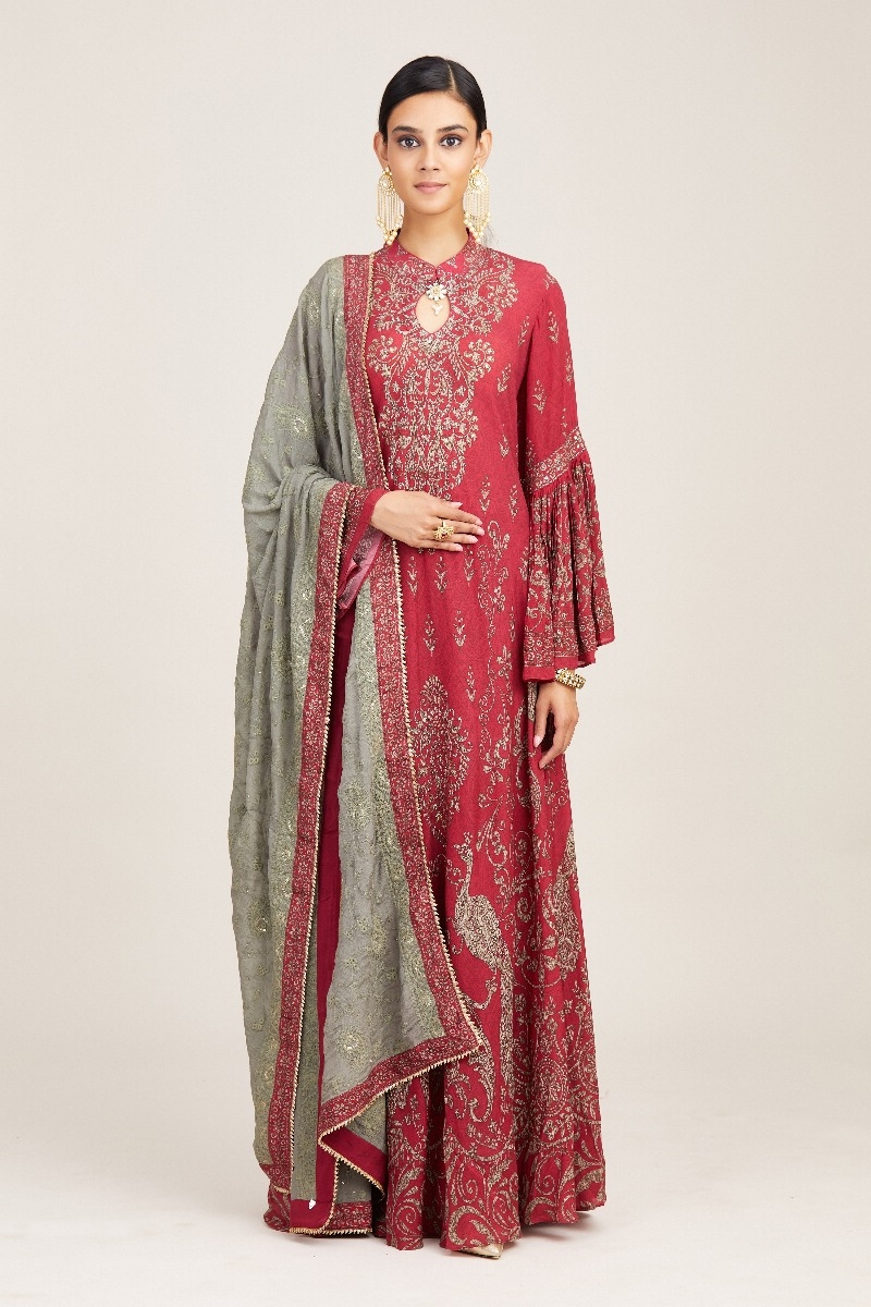 Ishin Women's Cotton Red Bandhani Embroidered Anarkali Flared Kurta – ISHIN  FASHIONS